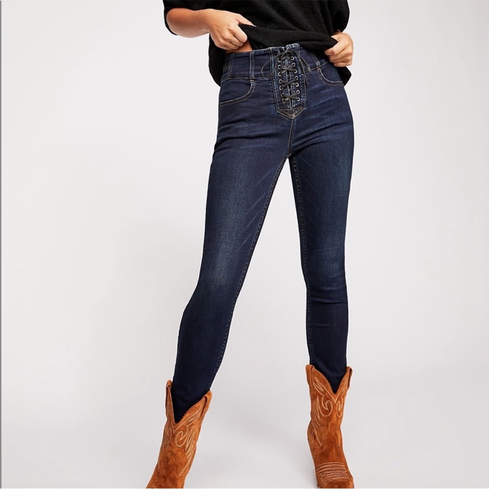High-Rise Lace-Up Dark Blue Skinny Jeans - Women